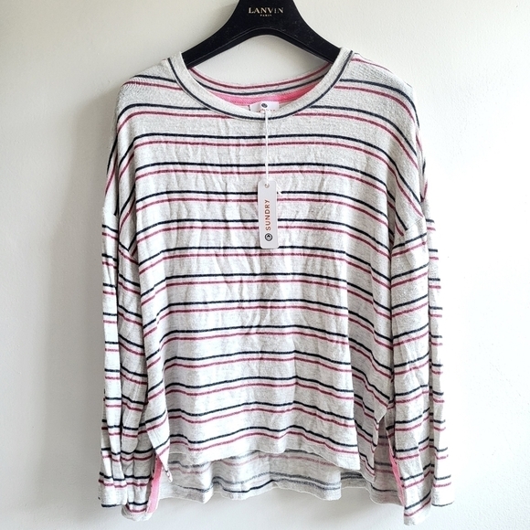 New Sundry Striped Navy/Pink Side Slits Crewneck Long Sleeve Pullover Sweatshirt - Picture 1 of 8